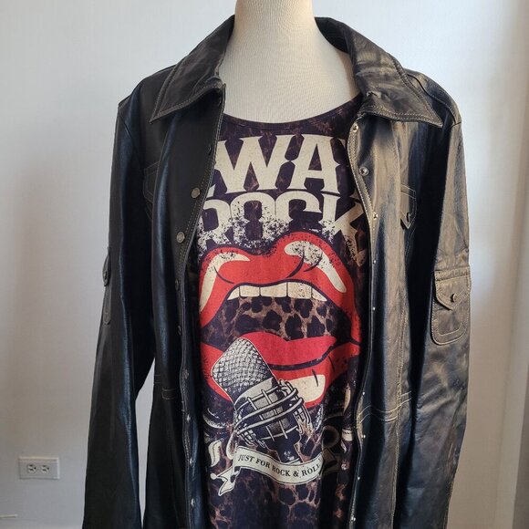 Y2K Wilsons Black Belted Genuine Leather Moto Trench Leopard Jacket (Size: XXL)
